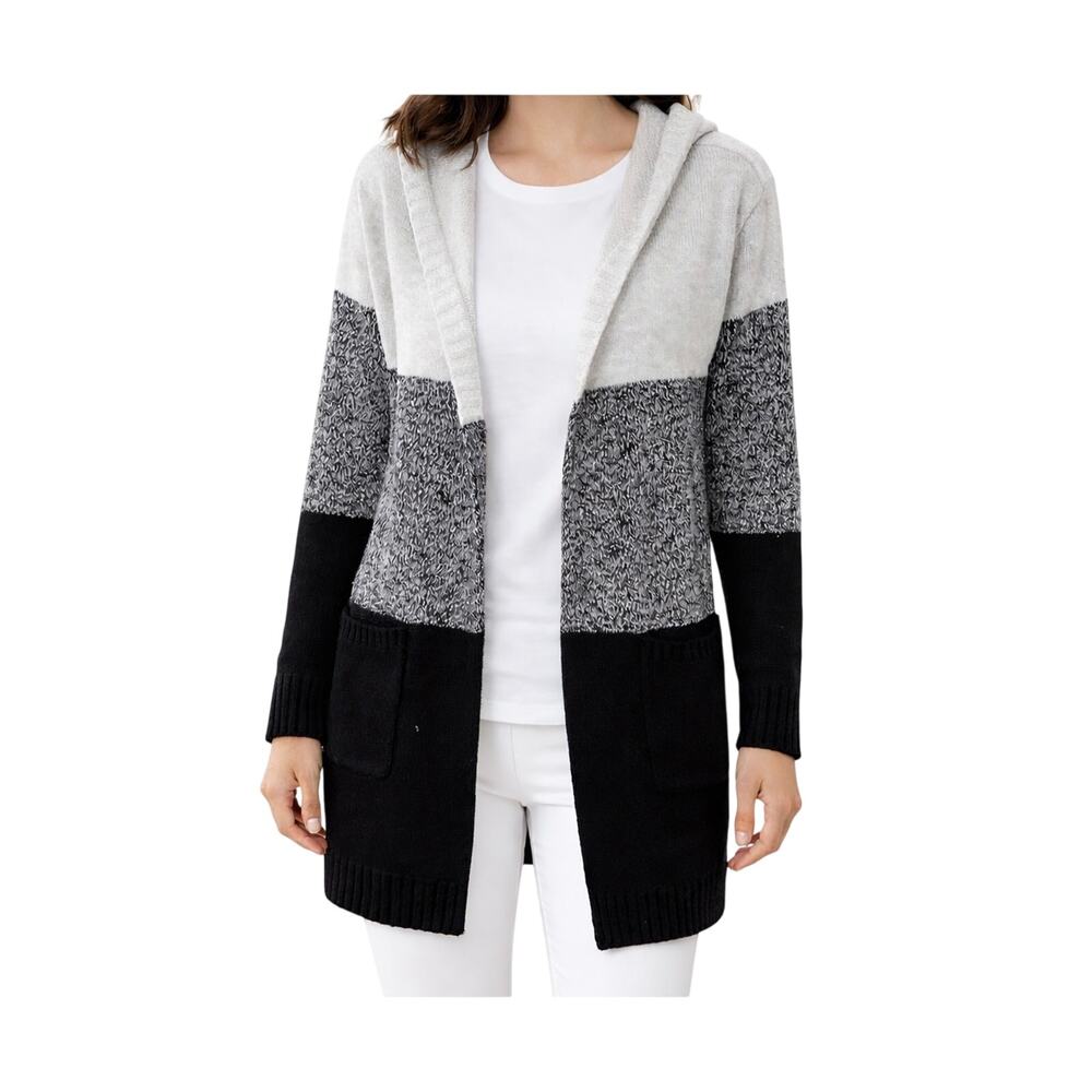 Tahari Sweater Womens Size XS Black Gray Mid Length Hooded Open Cardigan NWT